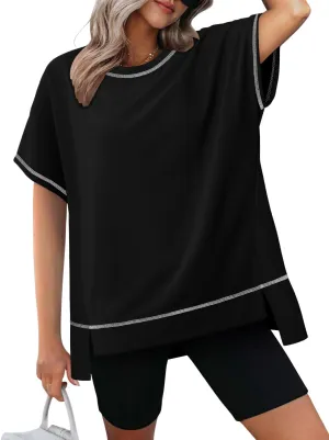 KISSMODA Oversized T Shirts for Women Crew Neck Short Sleeve Casual Summer Tops Loose High Low Blouse