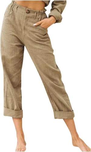 Ladies Linen Pants for Womens Summer Casual Harem Pant 7/8 Length High Waist Lightweight Cotton Linen Slacks Trousers