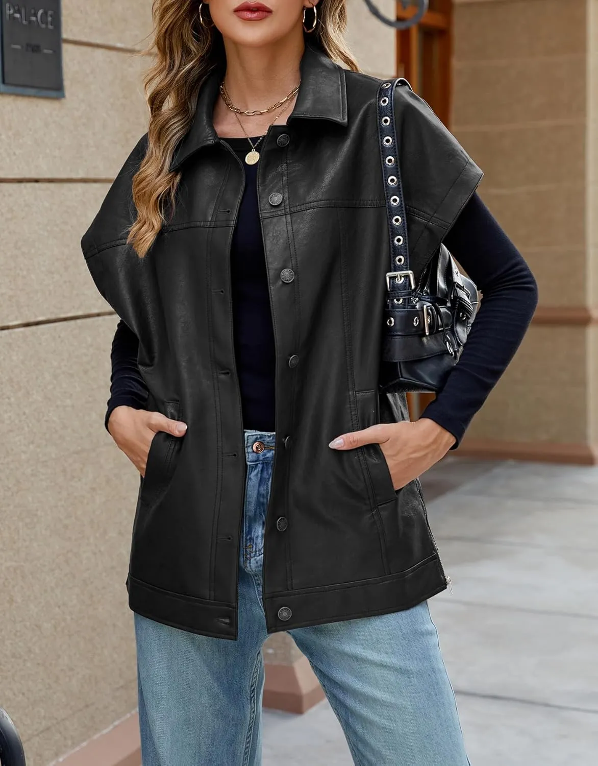 Ladyful Womens Oversized Leather Vest Sleeveless Faux Leather Jacket Motorcycle Biker Vest Coat Outerwear
