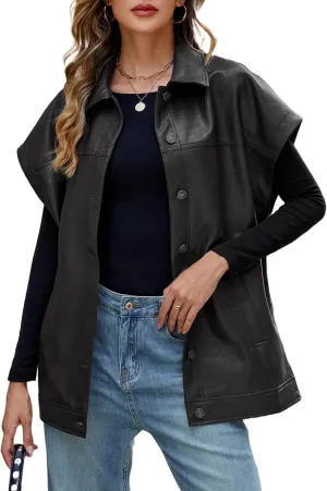 Ladyful Womens Oversized Leather Vest Sleeveless Faux Leather Jacket Motorcycle Biker Vest Coat Outerwear