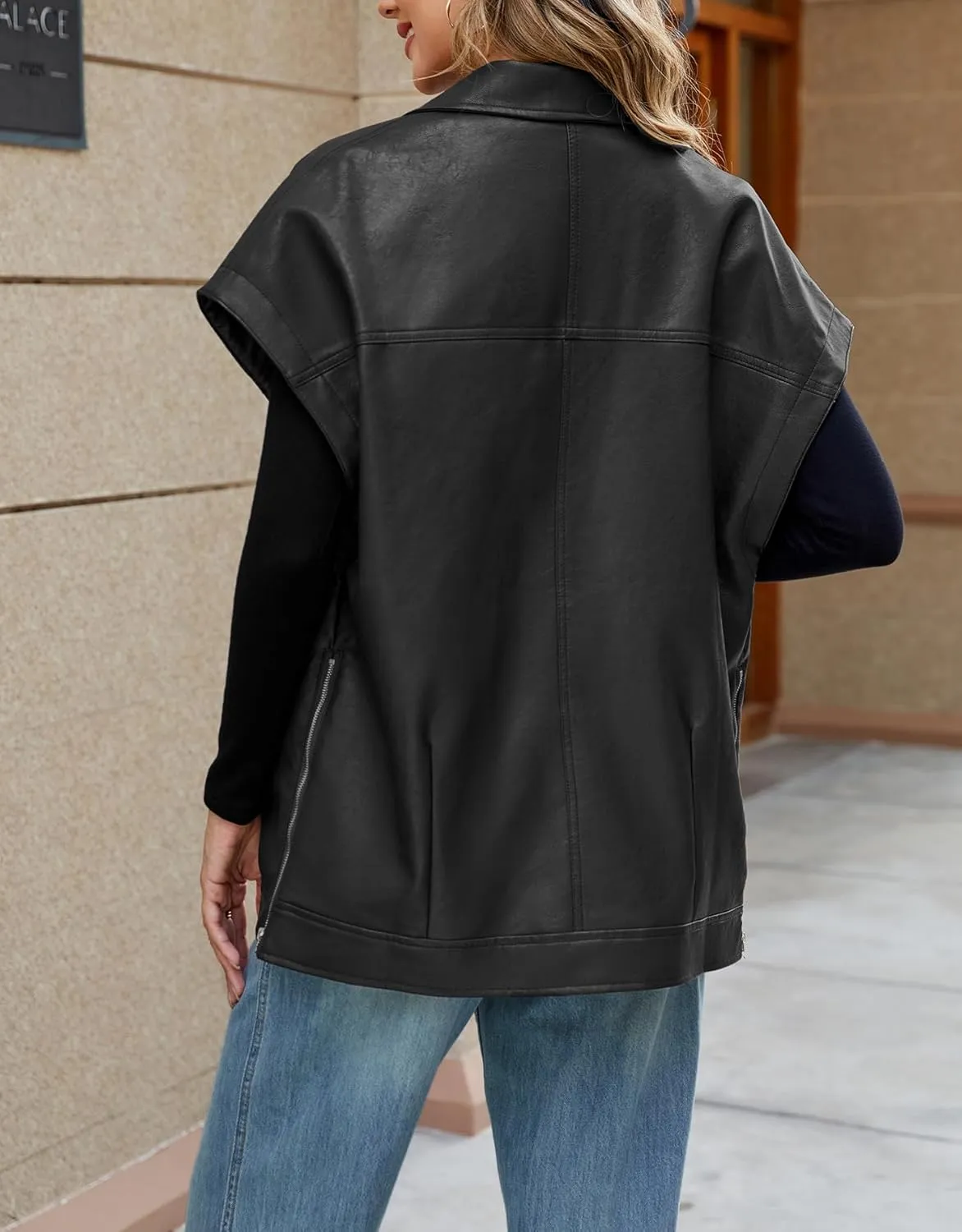 Ladyful Womens Oversized Leather Vest Sleeveless Faux Leather Jacket Motorcycle Biker Vest Coat Outerwear