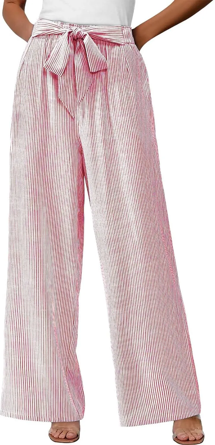Lastesso Capri Pants for Women Fashion Vertical Stripe High Waist Belted Trousers Flowy Boho Business Casual Summer Outfits