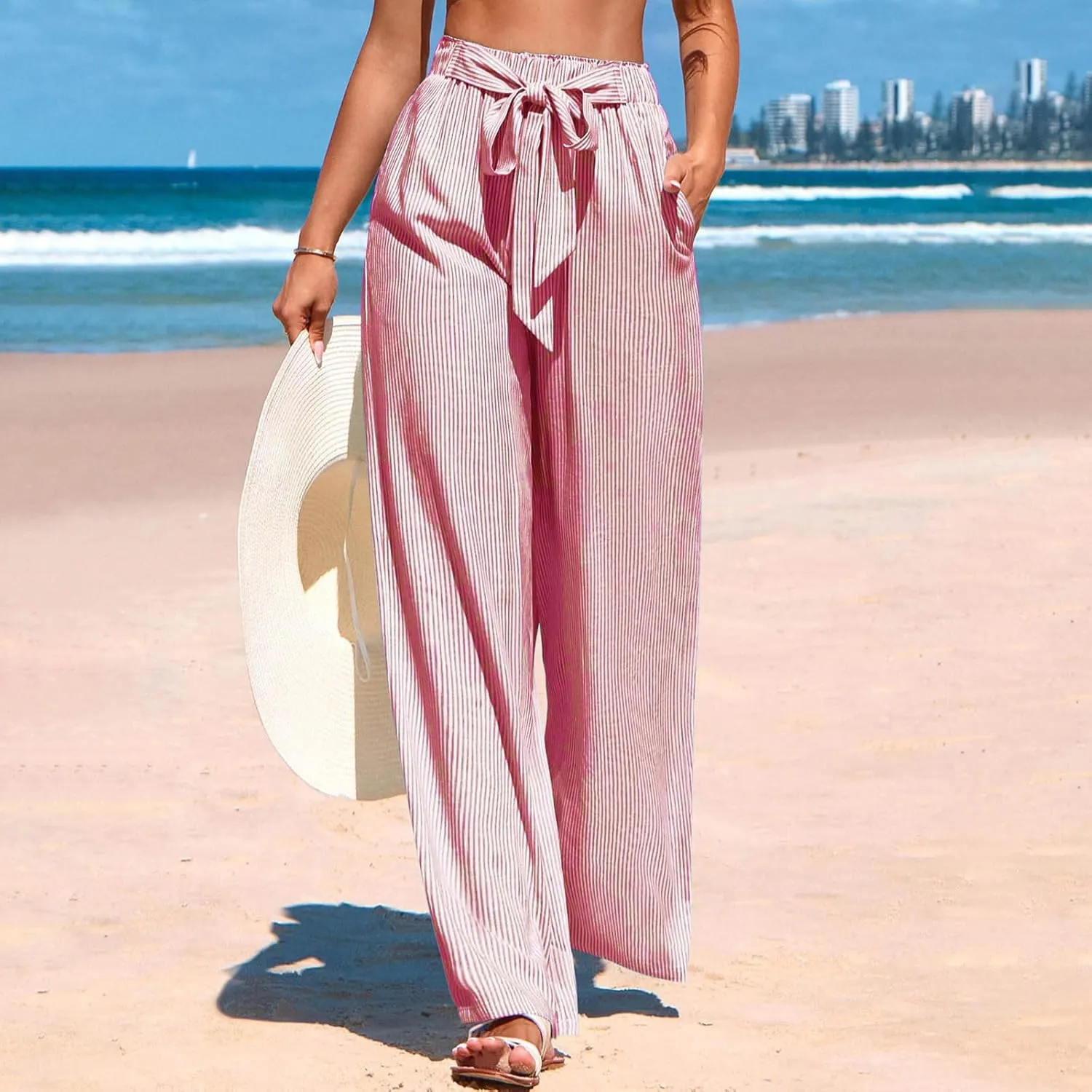 Lastesso Capri Pants for Women Fashion Vertical Stripe High Waist Belted Trousers Flowy Boho Business Casual Summer Outfits
