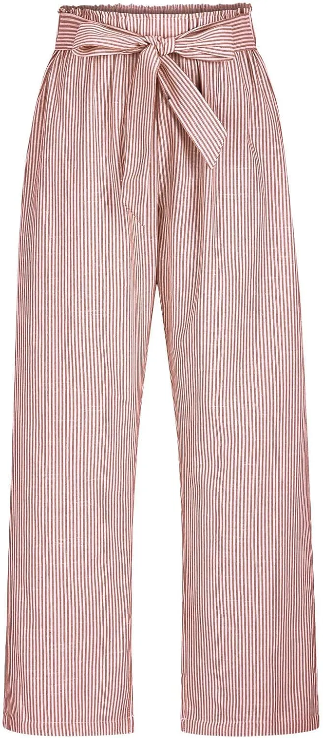 Lastesso Capri Pants for Women Fashion Vertical Stripe High Waist Belted Trousers Flowy Boho Business Casual Summer Outfits