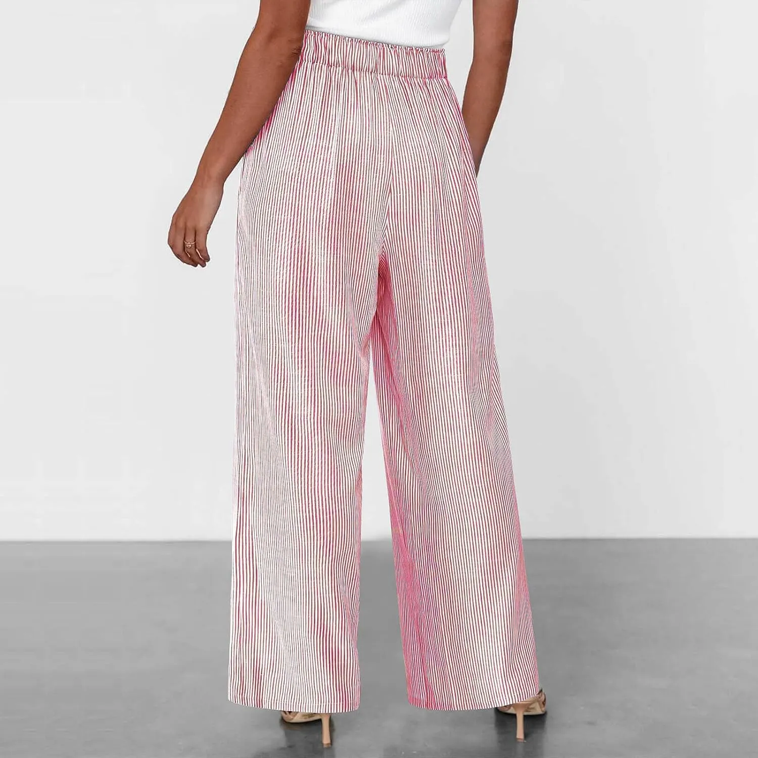 Lastesso Capri Pants for Women Fashion Vertical Stripe High Waist Belted Trousers Flowy Boho Business Casual Summer Outfits