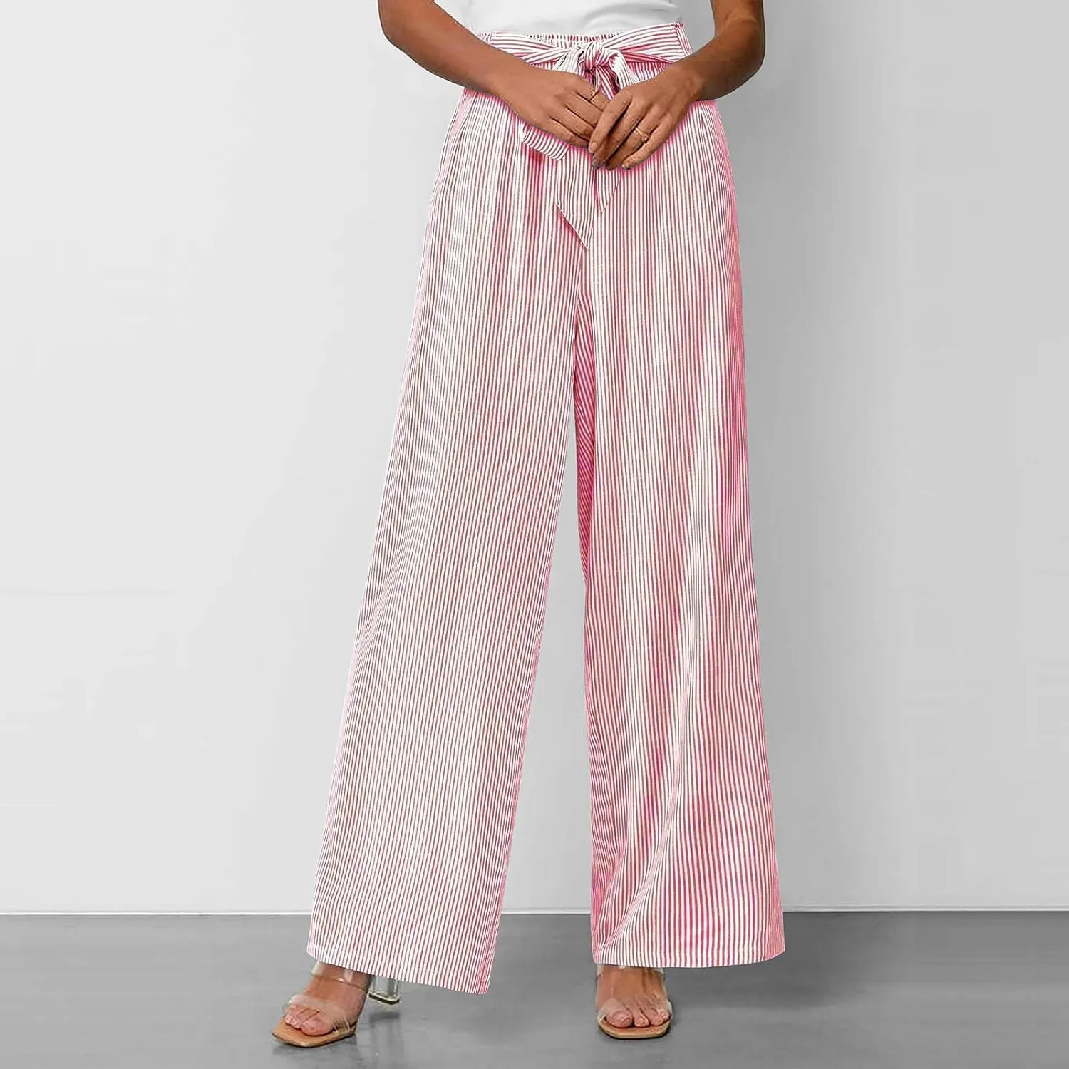 Lastesso Capri Pants for Women Fashion Vertical Stripe High Waist Belted Trousers Flowy Boho Business Casual Summer Outfits
