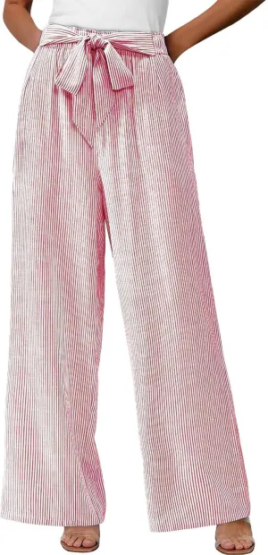Lastesso Capri Pants for Women Fashion Vertical Stripe High Waist Belted Trousers Flowy Boho Business Casual Summer Outfits