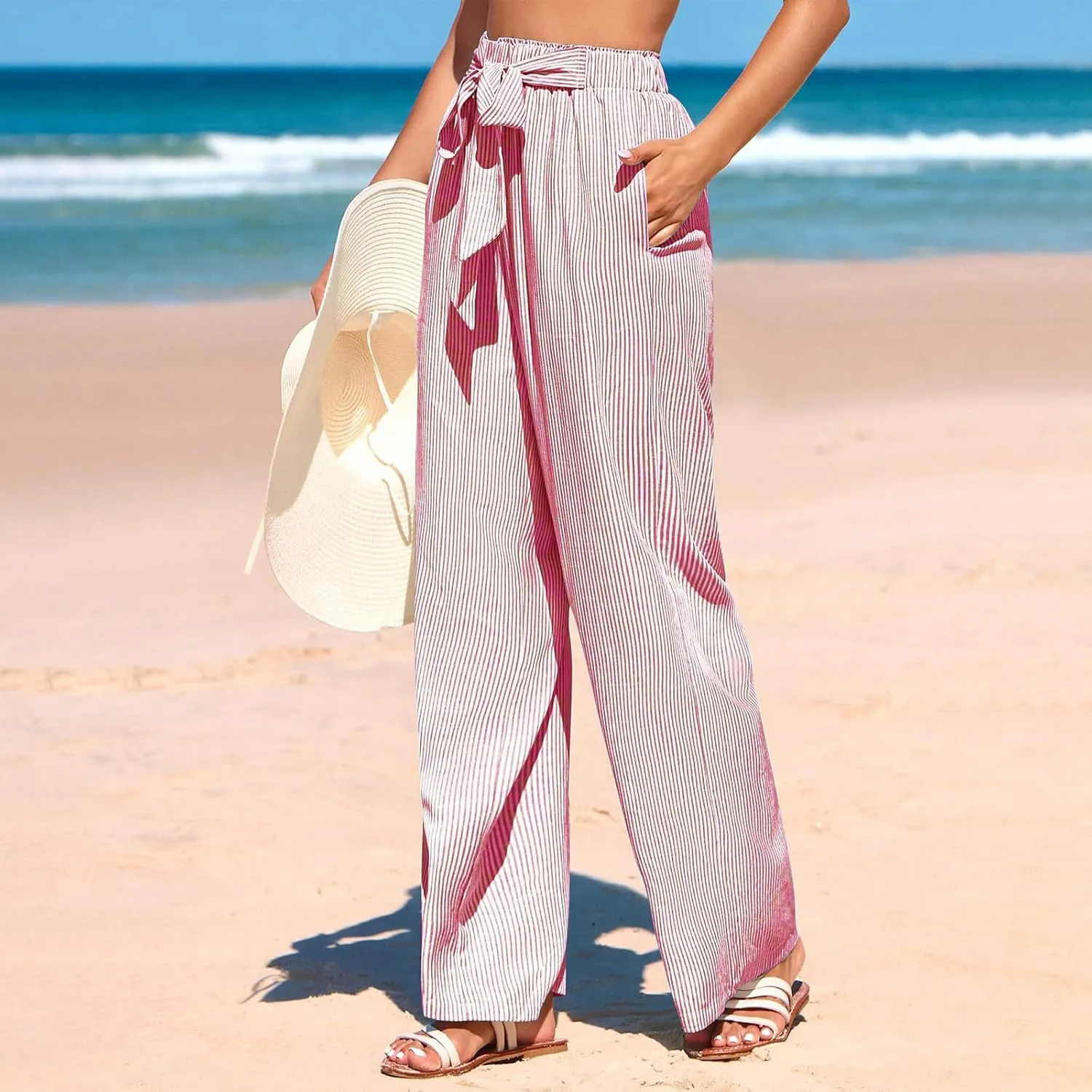 Lastesso Capri Pants for Women Fashion Vertical Stripe High Waist Belted Trousers Flowy Boho Business Casual Summer Outfits