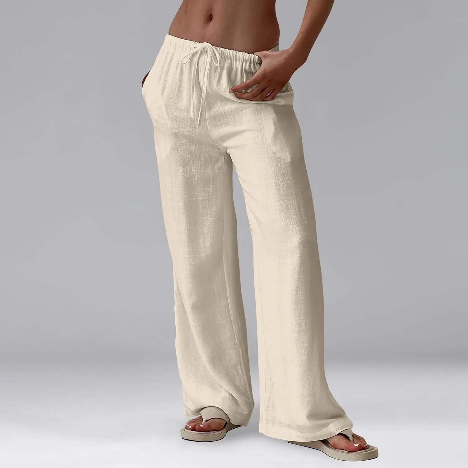 Linen Beach Pants Summer Palazzo Pants Drawstring High Waisted Trouser Pant Loose Wide Leg Trousers with Pockets