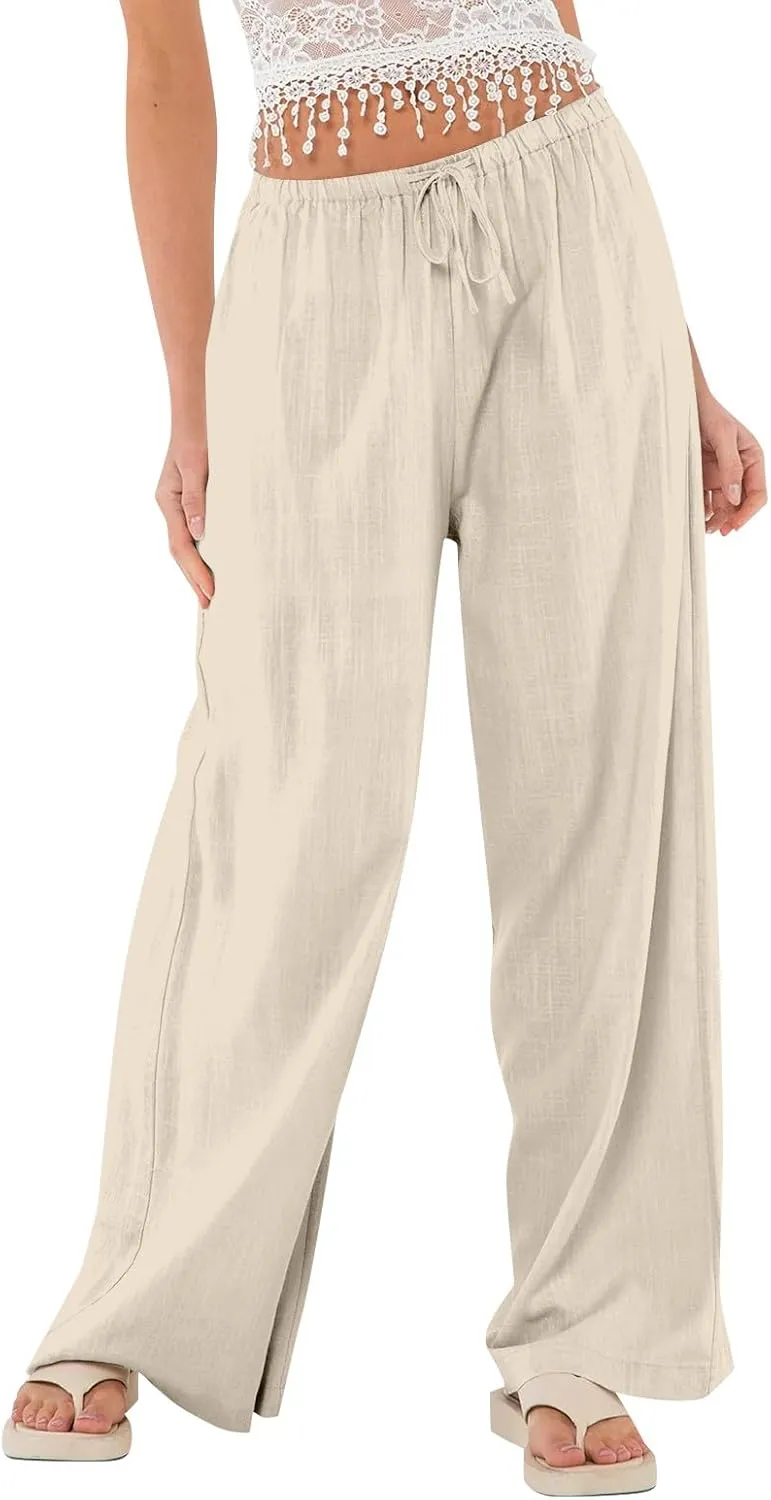 Linen Beach Pants Summer Palazzo Pants Drawstring High Waisted Trouser Pant Loose Wide Leg Trousers with Pockets