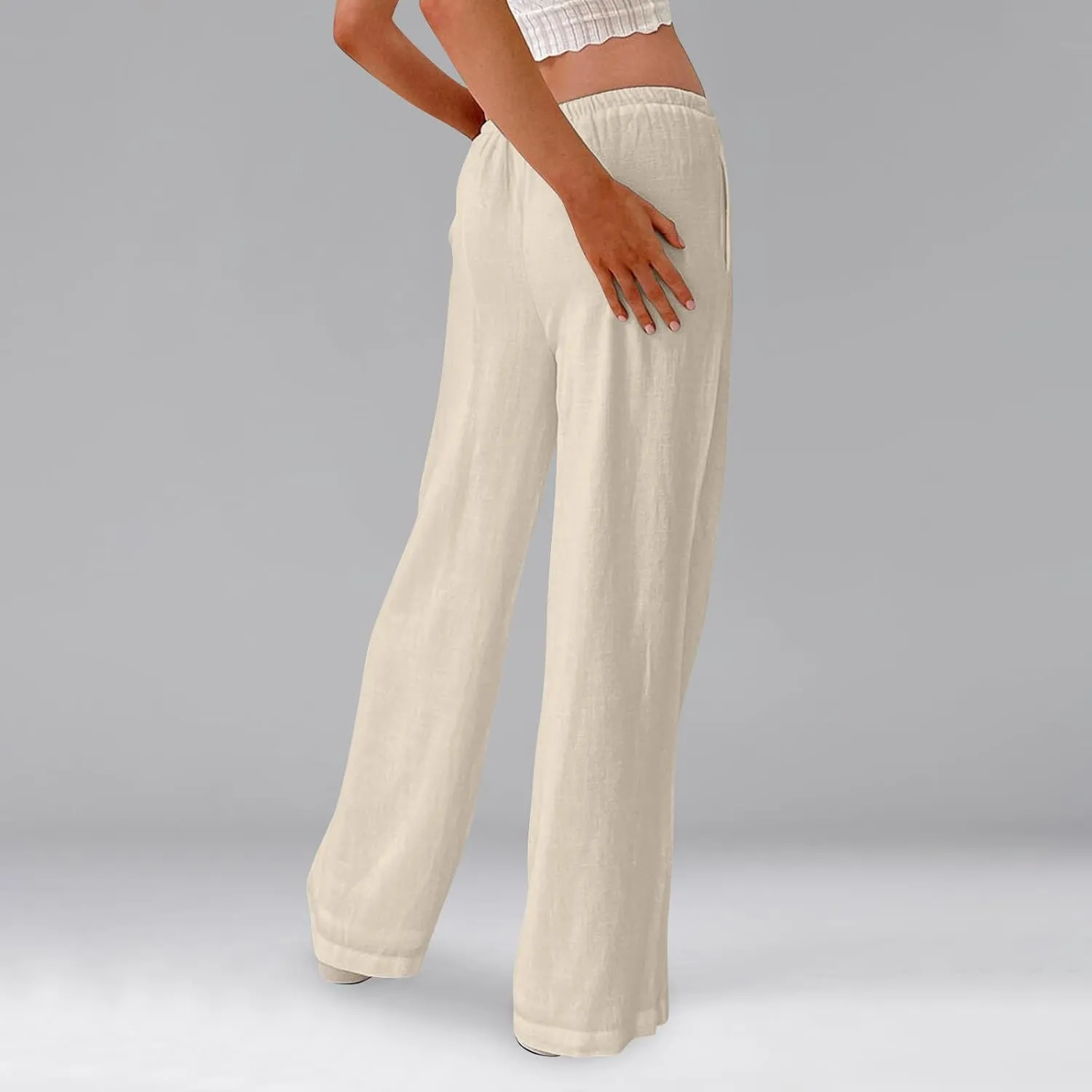 Linen Beach Pants Summer Palazzo Pants Drawstring High Waisted Trouser Pant Loose Wide Leg Trousers with Pockets