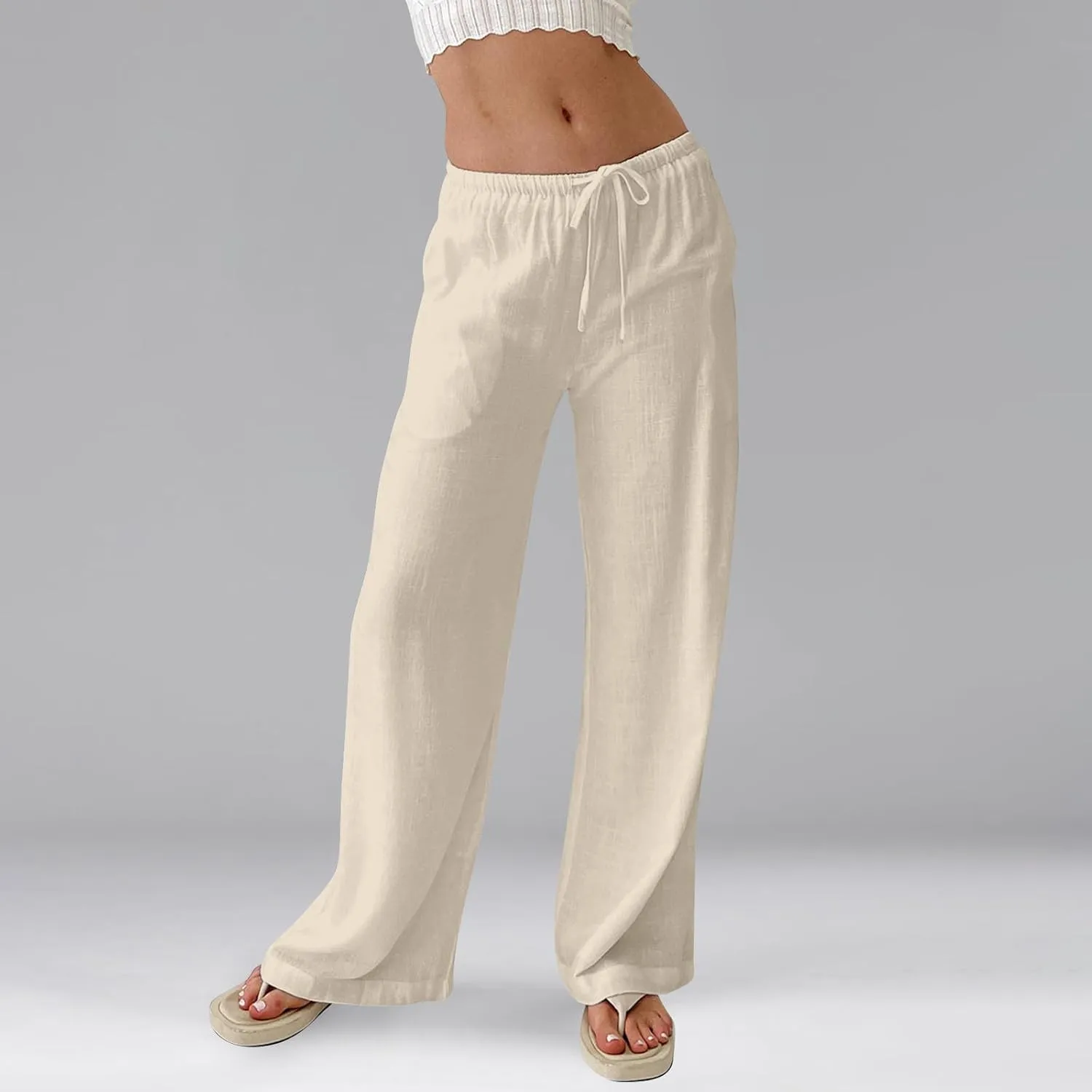Linen Beach Pants Summer Palazzo Pants Drawstring High Waisted Trouser Pant Loose Wide Leg Trousers with Pockets