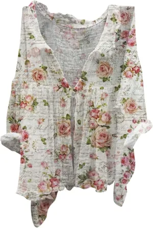 Linen Button Down Shirt Women Summer Lightweight No Collar Floral Gauze Tops Comfy Oversized Floral Graphic Blouse