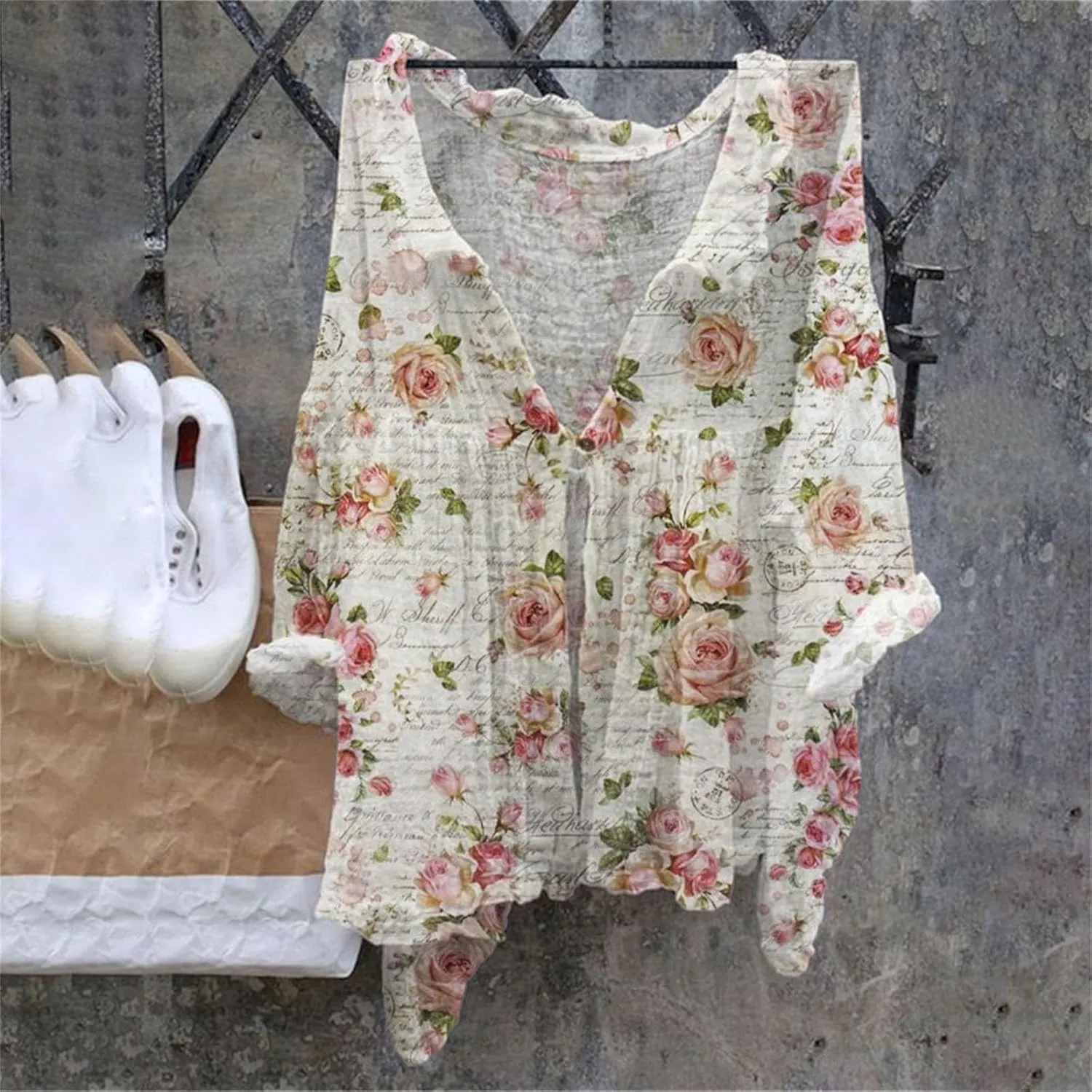 Linen Button Down Shirt Women Summer Lightweight No Collar Floral Gauze Tops Comfy Oversized Floral Graphic Blouse