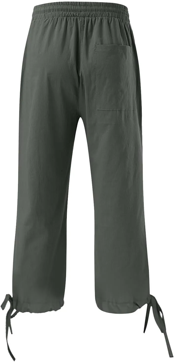Linen Capri Pants for Women Cotton Lined Wide Leg Summer Pants Drawstring Elastic Waist Trendy Capris Trousers S-5X