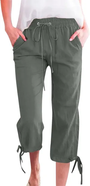 Linen Capri Pants for Women Cotton Lined Wide Leg Summer Pants Drawstring Elastic Waist Trendy Capris Trousers S-5X