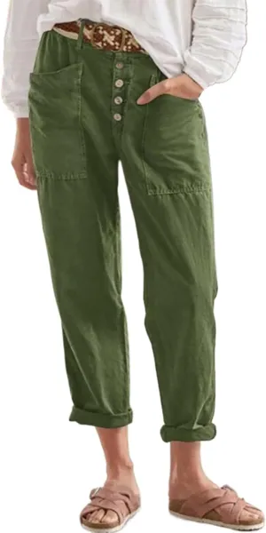 Linen Capri Pants for Women High Waisted Solid Baggy Button Down Capri Pants with Pockets Casual Summer Crop Pants