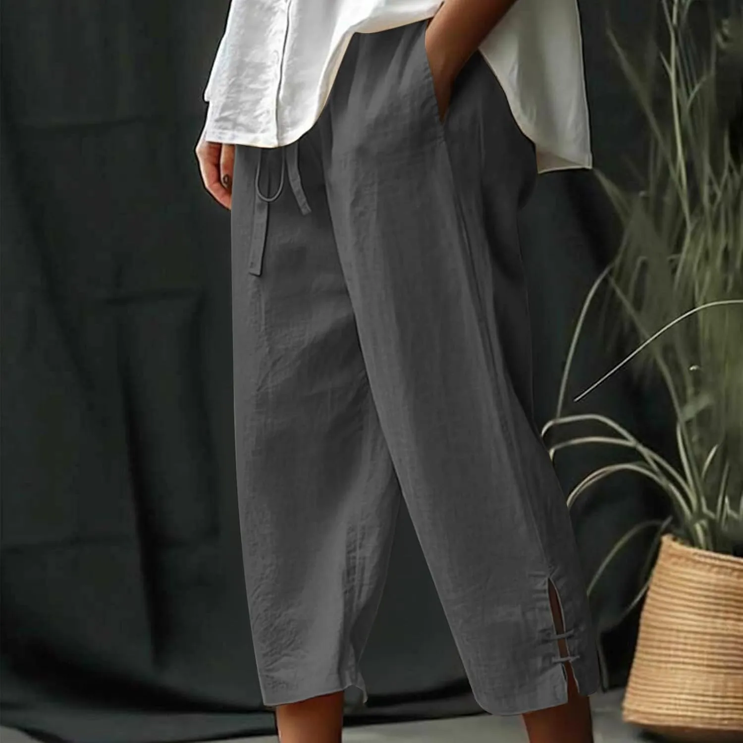 Linen Capri Pants for Women Straight Leg Casual Summer Drawstring Elastic High Waist Linen Pants Beach Crop Trousers