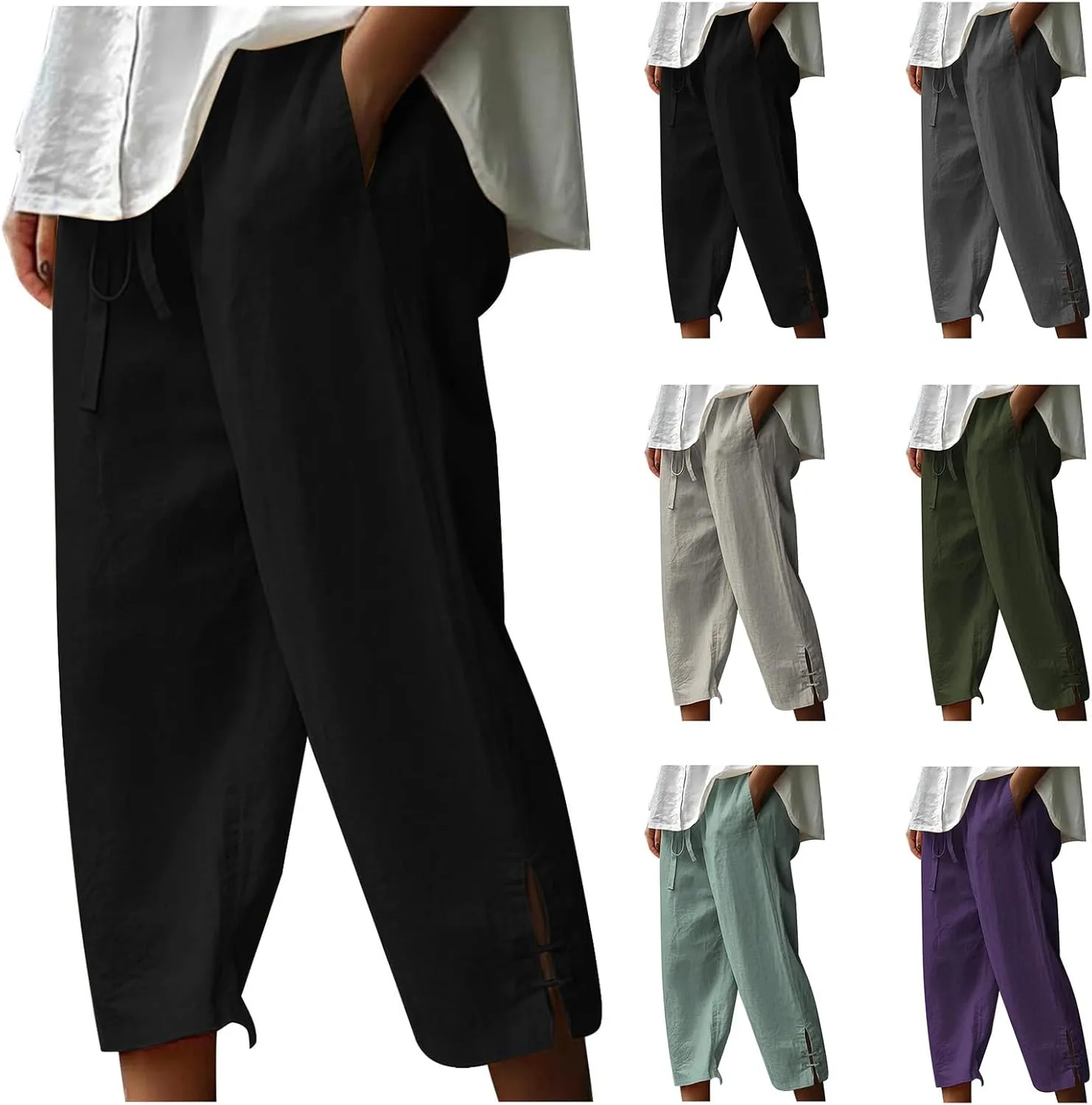Linen Capri Pants for Women Straight Leg Casual Summer Drawstring Elastic High Waist Linen Pants Beach Crop Trousers