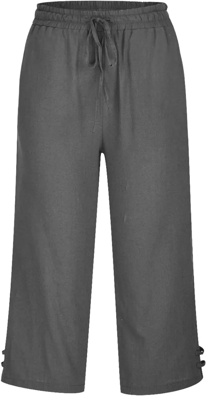 Linen Capri Pants for Women Straight Leg Casual Summer Drawstring Elastic High Waist Linen Pants Beach Crop Trousers