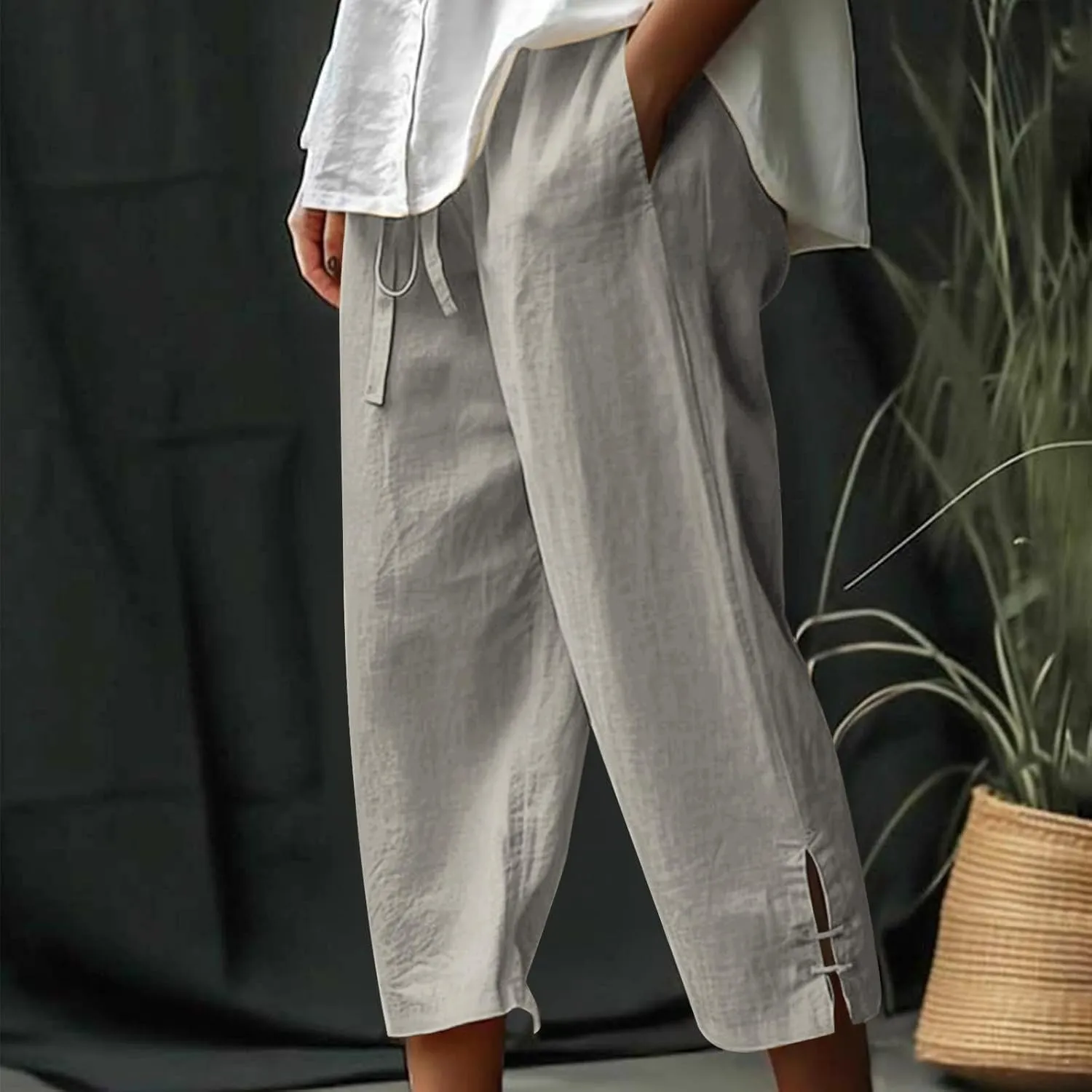 Linen Capri Pants for Women Straight Leg Casual Summer Drawstring Elastic High Waist Linen Pants Beach Crop Trousers