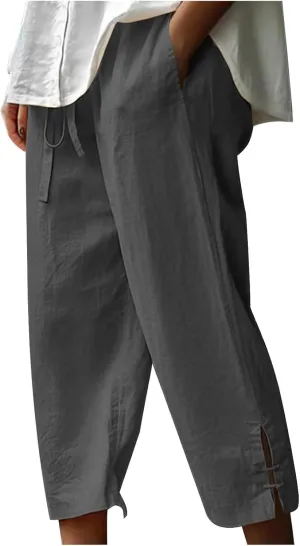 Linen Capri Pants for Women Straight Leg Casual Summer Drawstring Elastic High Waist Linen Pants Beach Crop Trousers