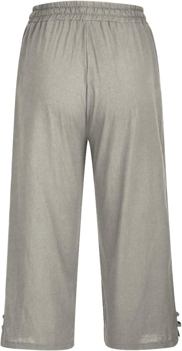 Linen Capri Pants for Women Straight Leg Casual Summer Drawstring Elastic High Waist Linen Pants Beach Crop Trousers