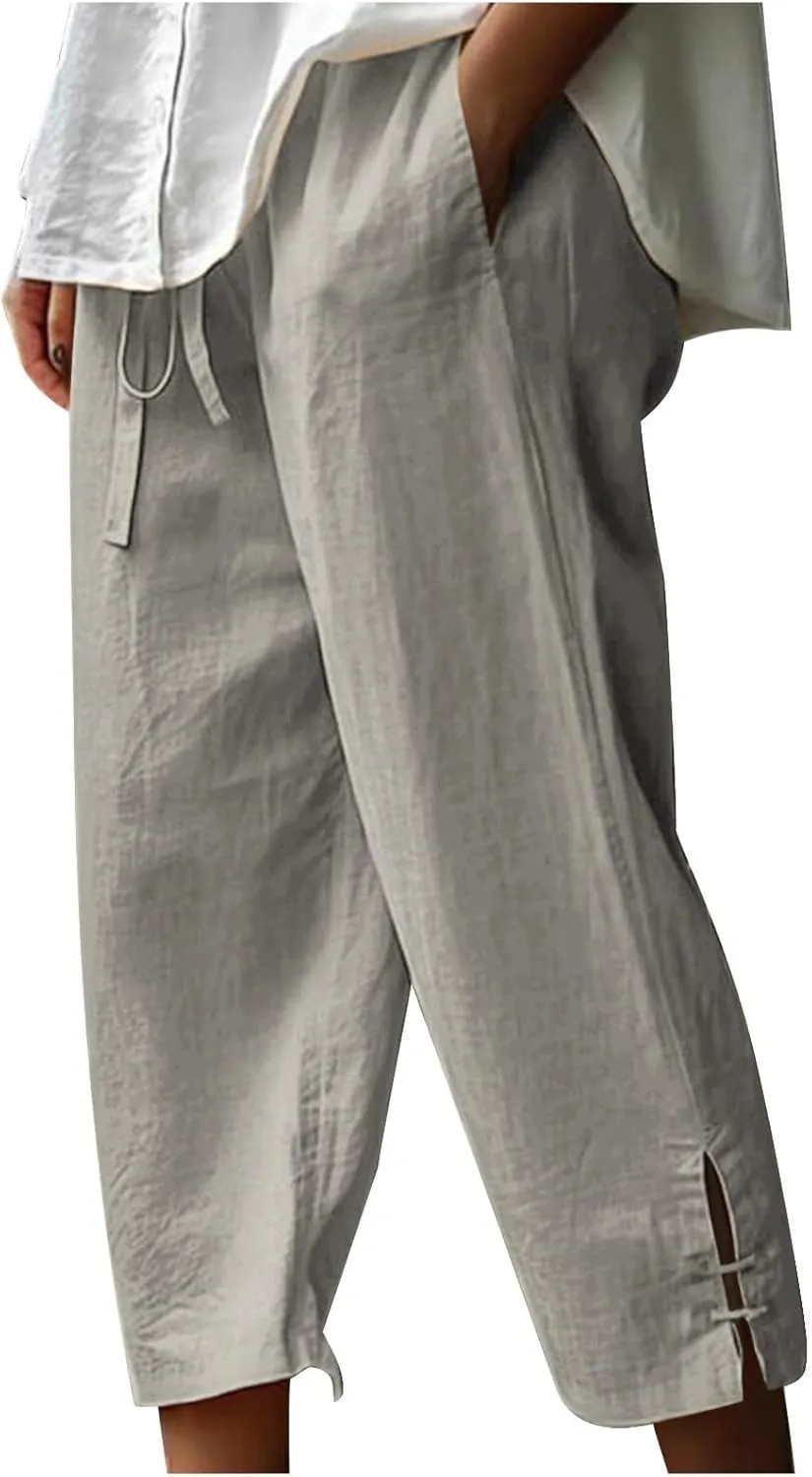 Linen Capri Pants for Women Straight Leg Casual Summer Drawstring Elastic High Waist Linen Pants Beach Crop Trousers