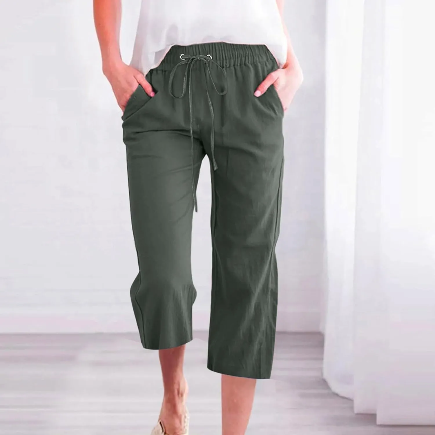 Linen Capri Pants for Women Summer High Waisted Wide Leg Cropped Trousers Casual Drawstring Plus Size Beach Capri Pants S-5X