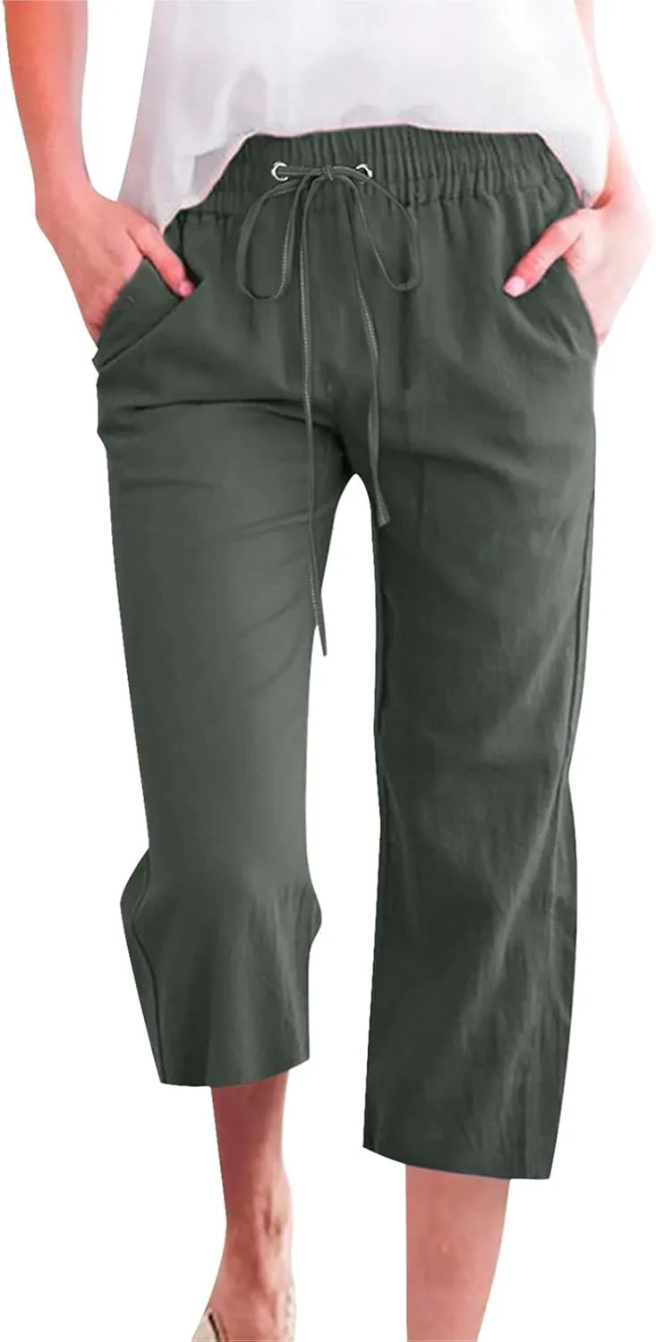 Linen Capri Pants for Women Summer High Waisted Wide Leg Cropped Trousers Casual Drawstring Plus Size Beach Capri Pants S-5X
