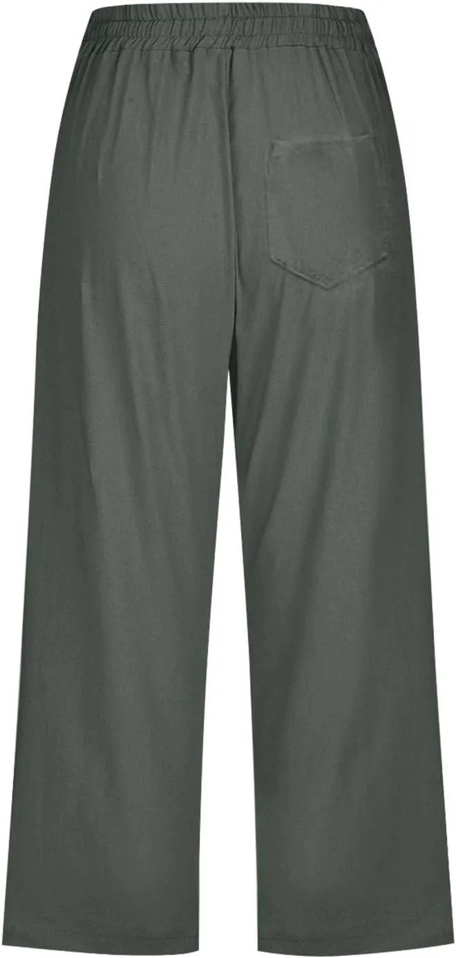Linen Capri Pants for Women Summer High Waisted Wide Leg Cropped Trousers Casual Drawstring Plus Size Beach Capri Pants S-5X