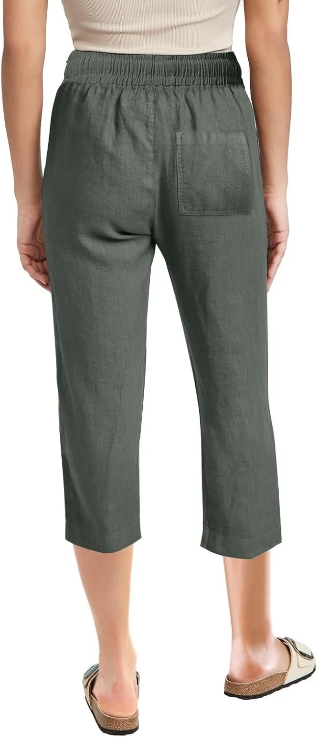 Linen Capri Pants for Women Summer High Waisted Wide Leg Cropped Trousers Casual Drawstring Plus Size Beach Capri Pants S-5X