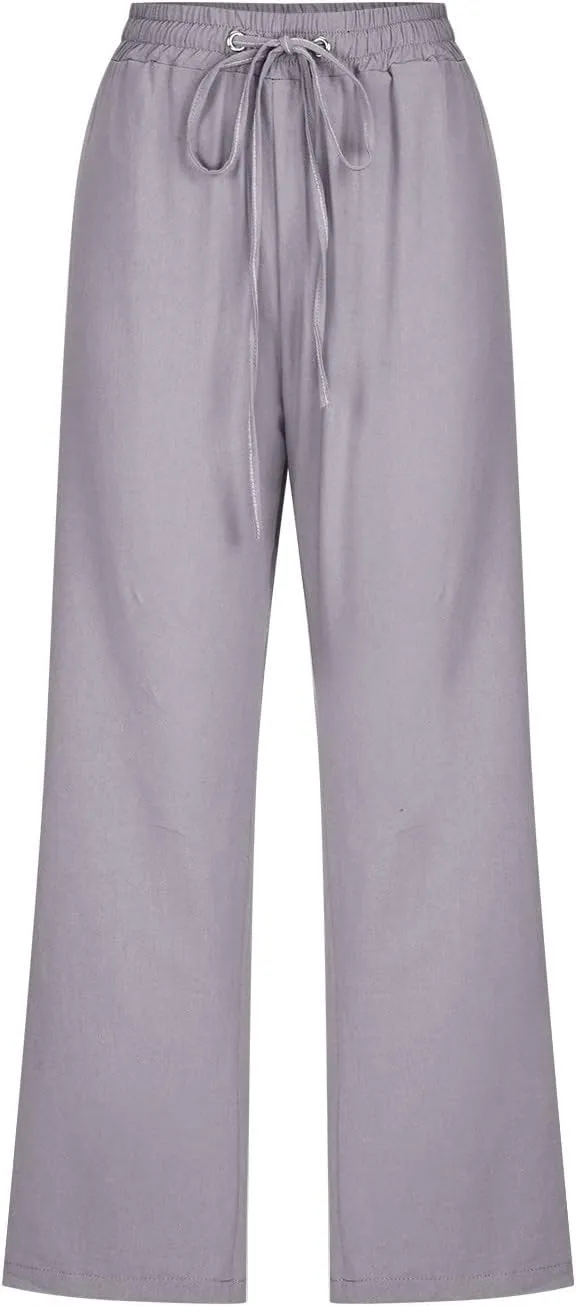 Linen Capris Pants for Women Casual Summer 2025 Wide Leg Loose Drawstring Elastic Waist Cropped Trouser Clothes