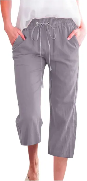 Linen Capris Pants for Women Casual Summer 2025 Wide Leg Loose Drawstring Elastic Waist Cropped Trouser Clothes