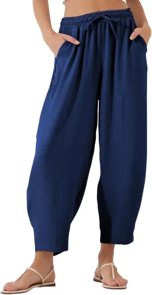 Linen Harem Pants Women Casual Summer High Waisted Beach Pants Baggy Lightweight Cropped Pant with Pockets