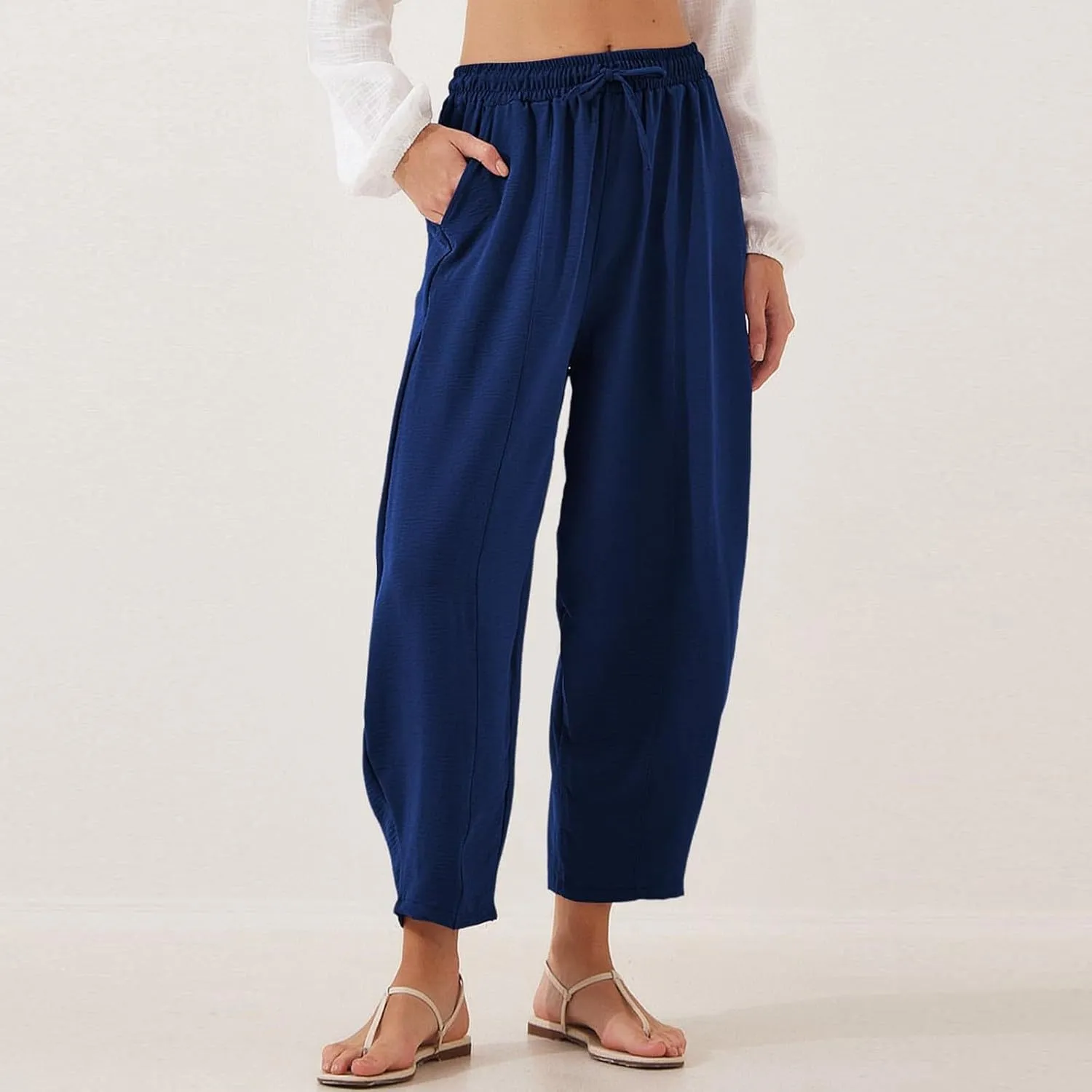 Linen Harem Pants Women Casual Summer High Waisted Beach Pants Baggy Lightweight Cropped Pant with Pockets