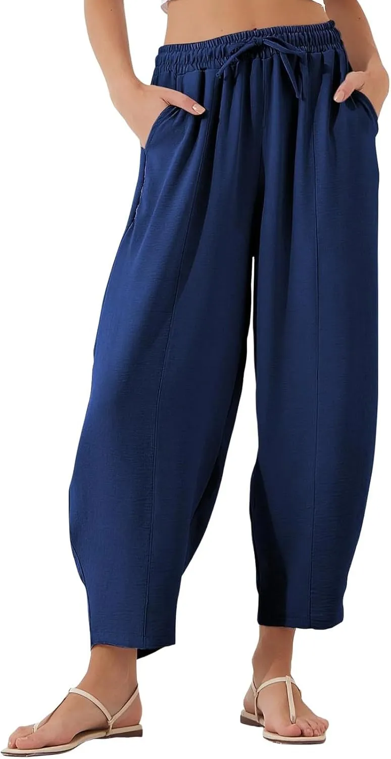 Linen Harem Pants Women Casual Summer High Waisted Beach Pants Baggy Lightweight Cropped Pant with Pockets