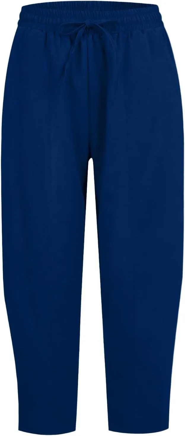 Linen Harem Pants Women Casual Summer High Waisted Beach Pants Baggy Lightweight Cropped Pant with Pockets