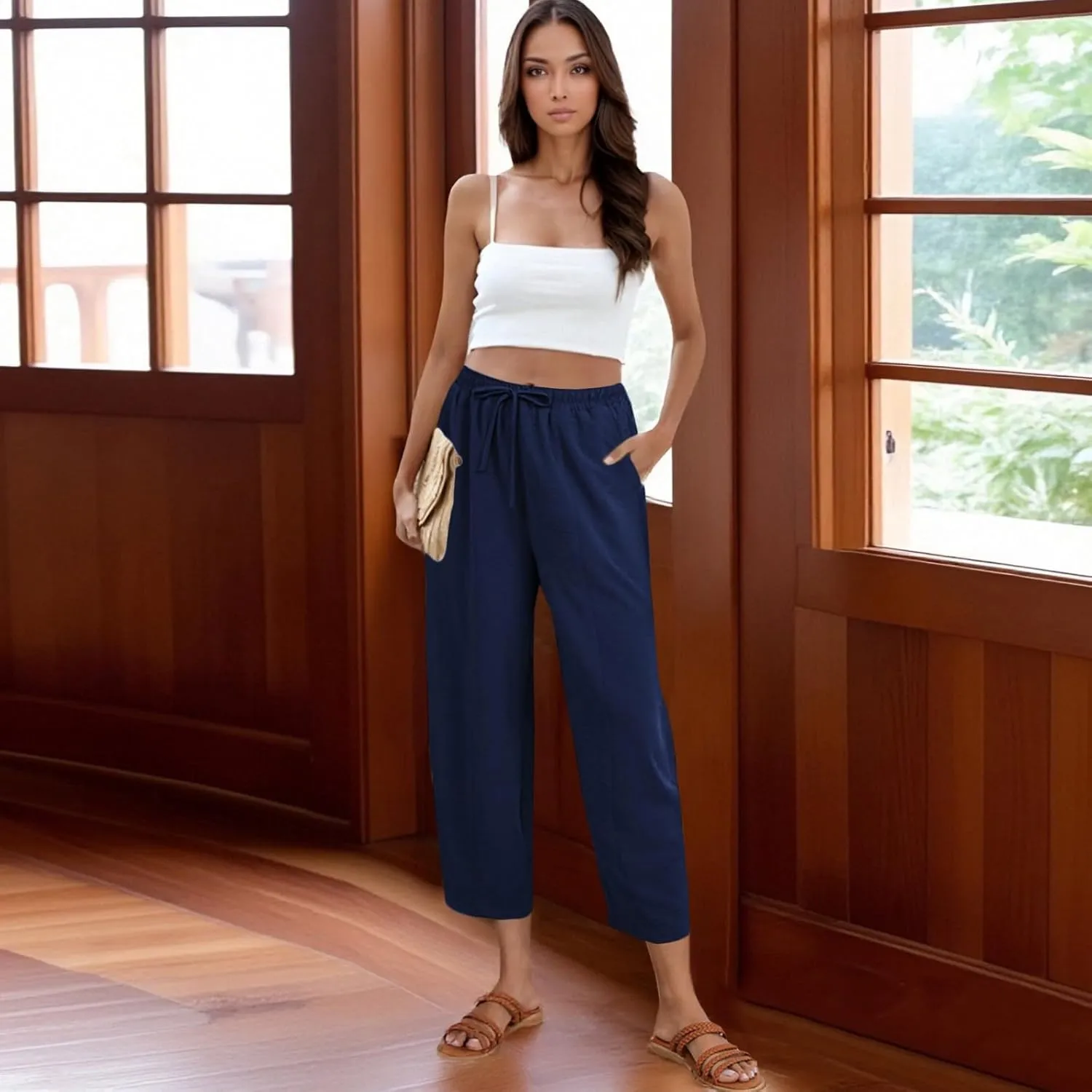 Linen Harem Pants Women Casual Summer High Waisted Beach Pants Baggy Lightweight Cropped Pant with Pockets
