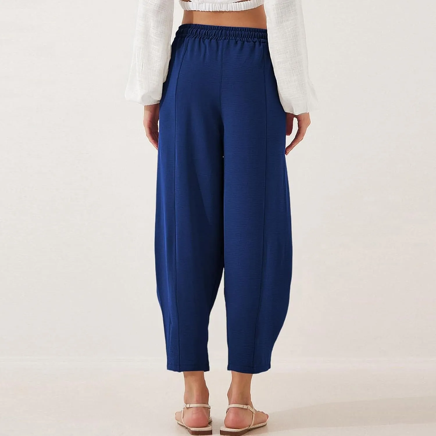 Linen Harem Pants Women Casual Summer High Waisted Beach Pants Baggy Lightweight Cropped Pant with Pockets