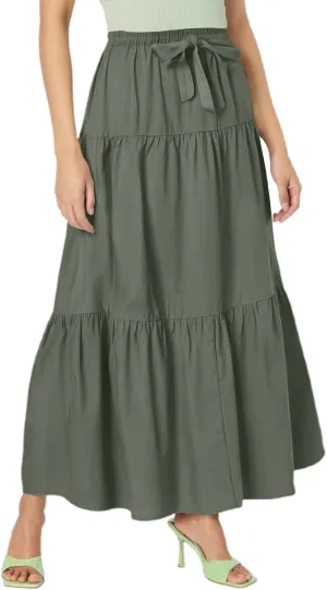 Linen Midi Skirts for Women Summer Boho Flowy Swing Tiered Long Maxi Skirt Elastic Drawstring Pleated Beach Skirt