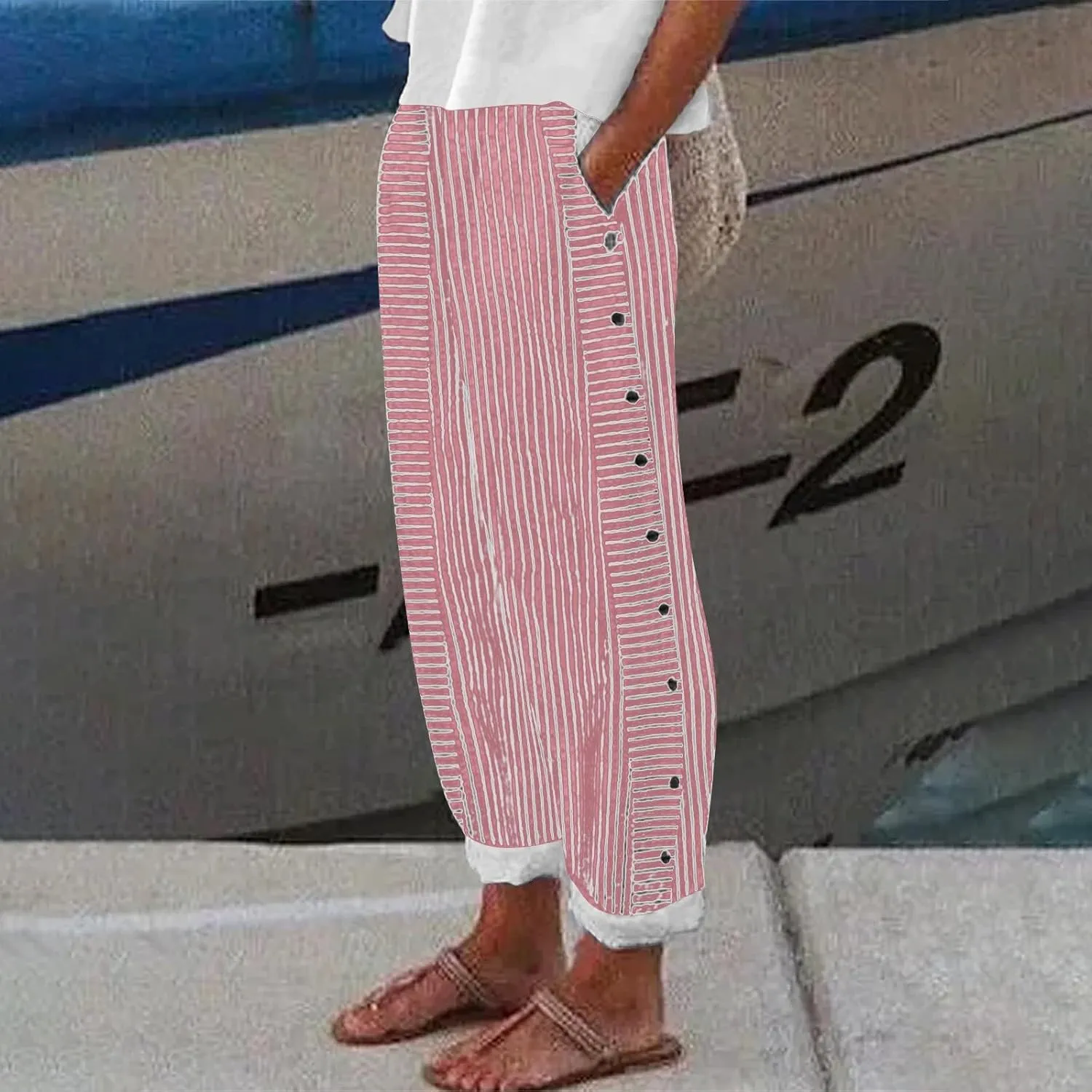 Linen Pants for Women 2025 Plus Size Trendy Striped Spring Summer Gauze Pants Casual Elastic Waist Comfy Trousers