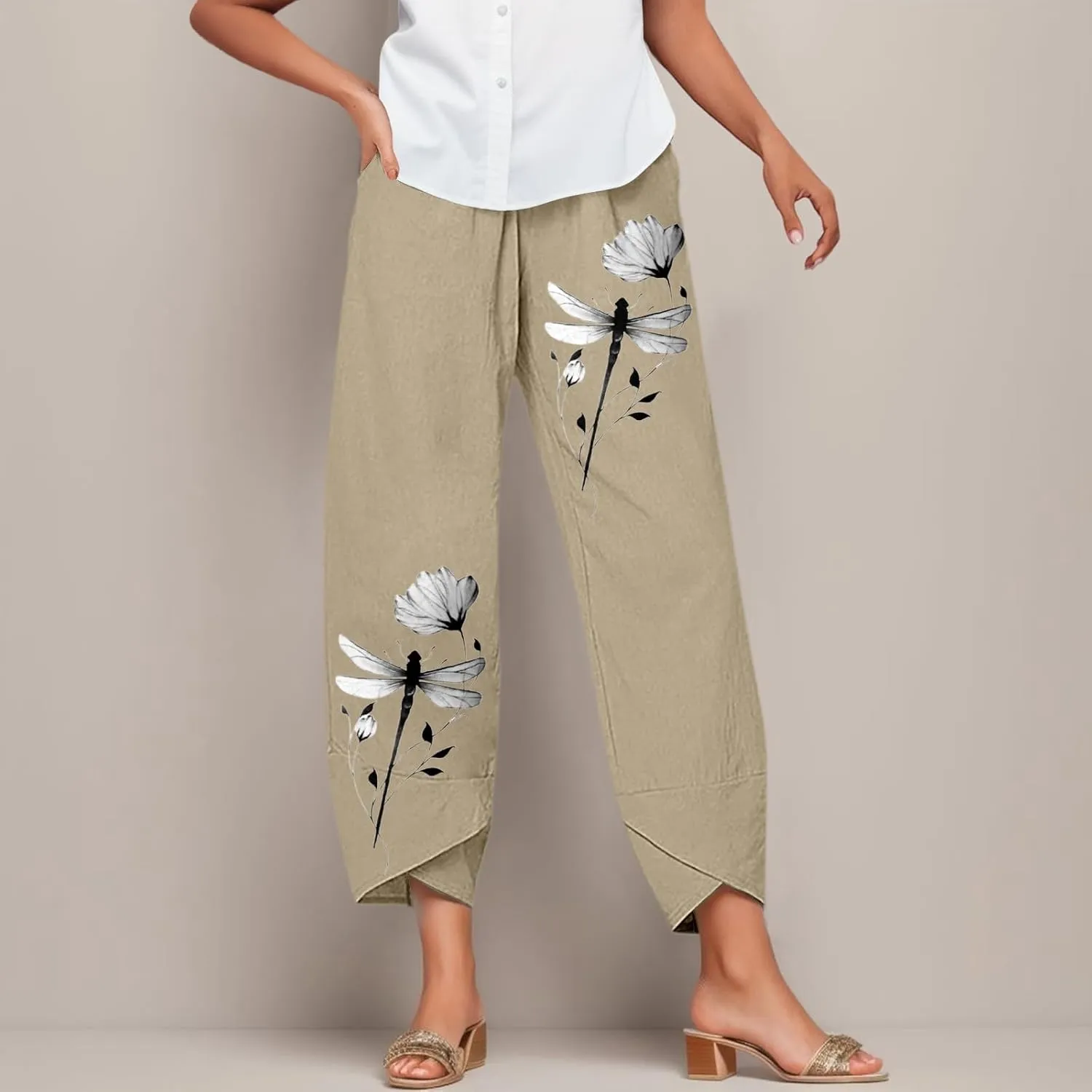 Linen Pants for Women Baggy Casual Summer Solid Color Straight Leg Beach High Waist Linen Pants Plus Size Ankle Trousers