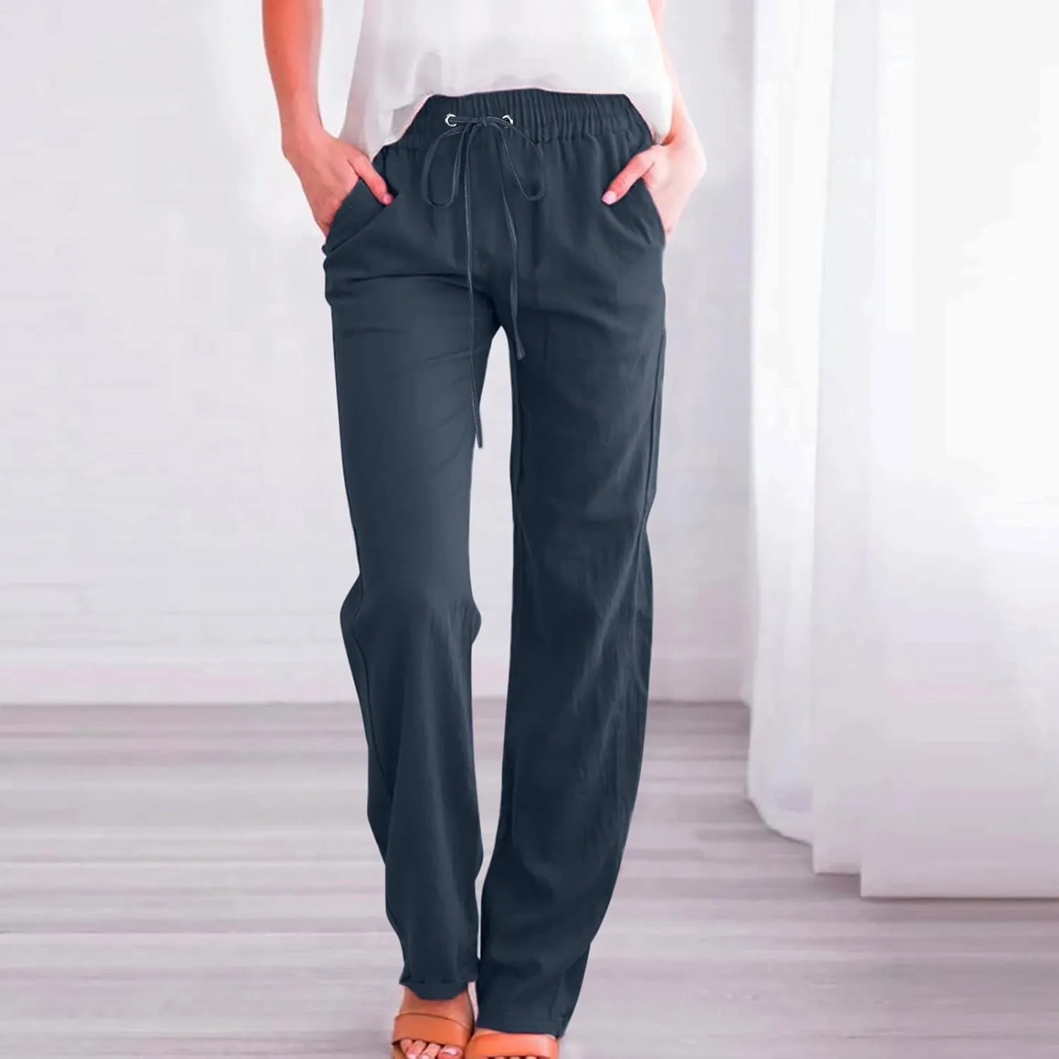 Linen Pants for Women High Waist Casual Wide Leg Trouser Drawstring Summer Pant with Pocket Beach Palazzo Sweatpant