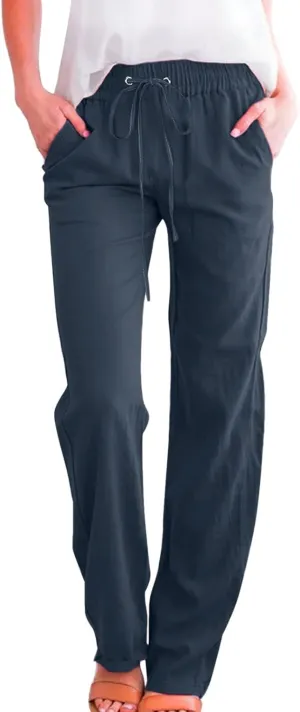 Linen Pants for Women High Waist Casual Wide Leg Trouser Drawstring Summer Pant with Pocket Beach Palazzo Sweatpant