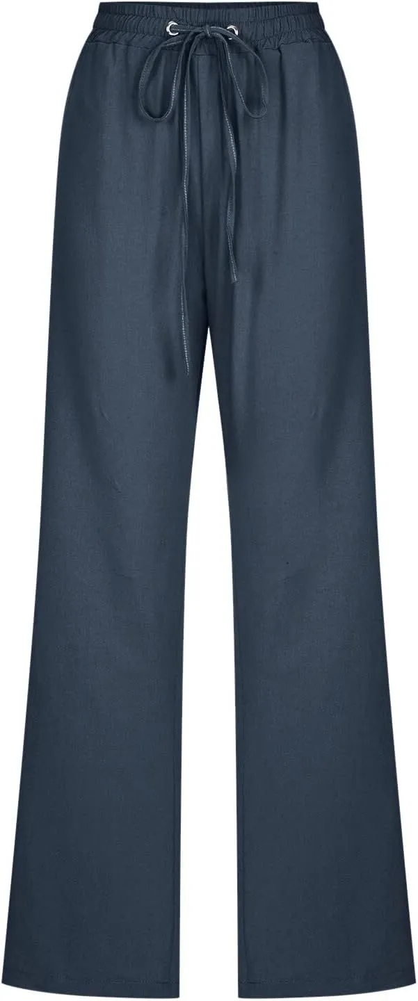 Linen Pants for Women High Waist Casual Wide Leg Trouser Drawstring Summer Pant with Pocket Beach Palazzo Sweatpant