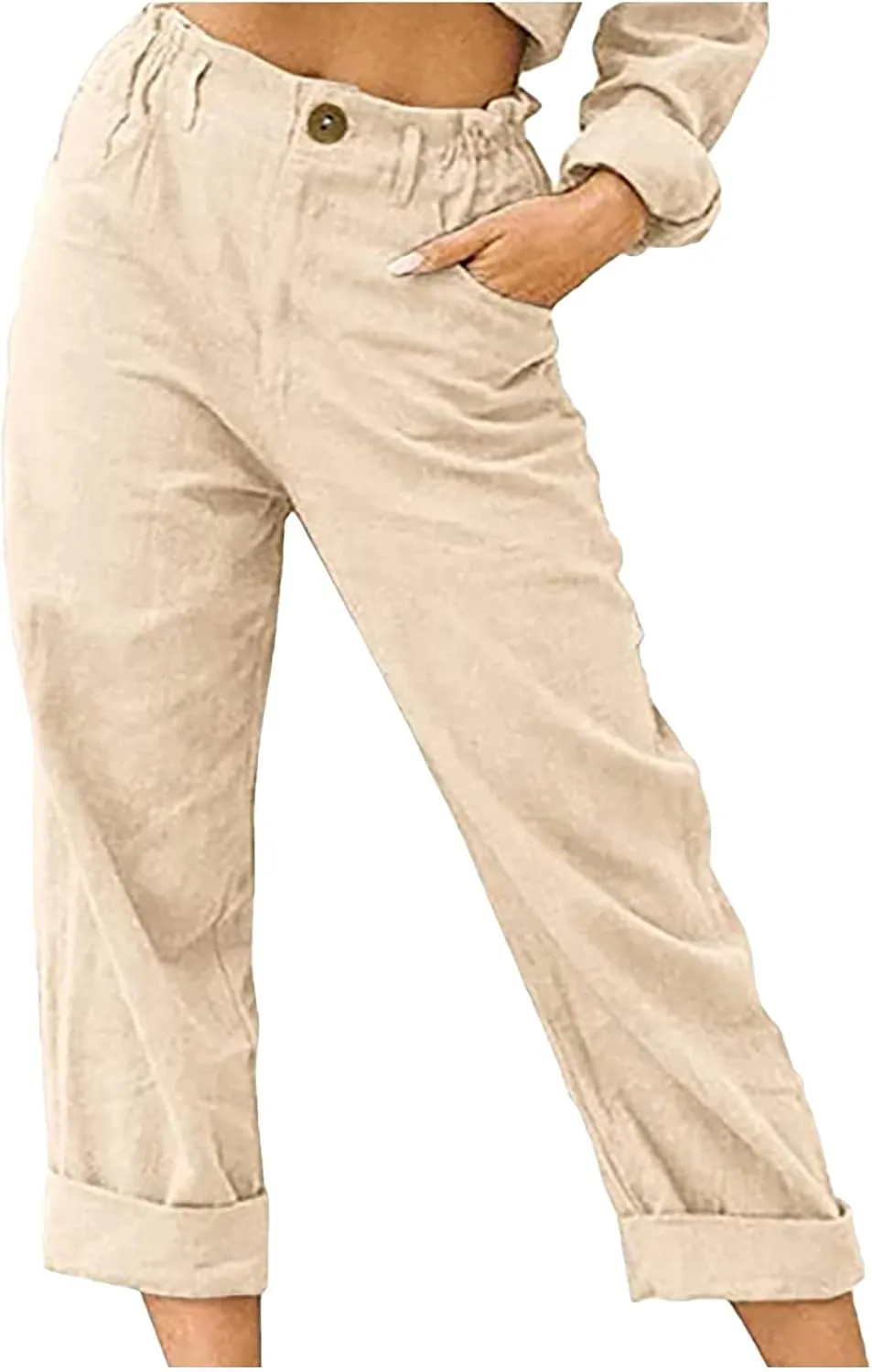 Linen Pants for Women High Waisted Wide Leg Capris Summer Casual Button Elastic Waist Cropped Trousers with Pockets