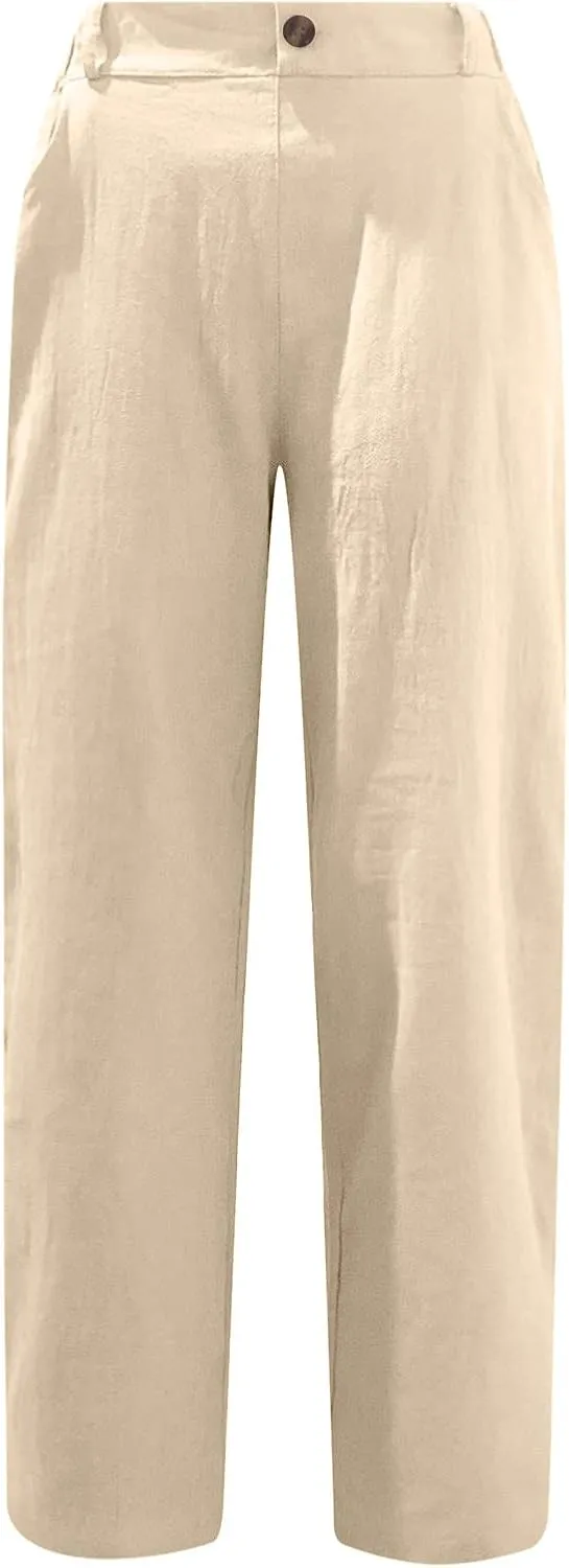 Linen Pants for Women High Waisted Wide Leg Capris Summer Casual Button Elastic Waist Cropped Trousers with Pockets