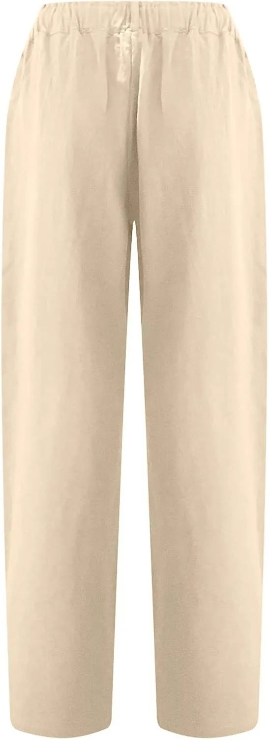 Linen Pants for Women High Waisted Wide Leg Capris Summer Casual Button Elastic Waist Cropped Trousers with Pockets