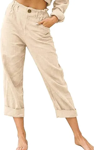 Linen Pants for Women High Waisted Wide Leg Capris Summer Casual Button Elastic Waist Cropped Trousers with Pockets
